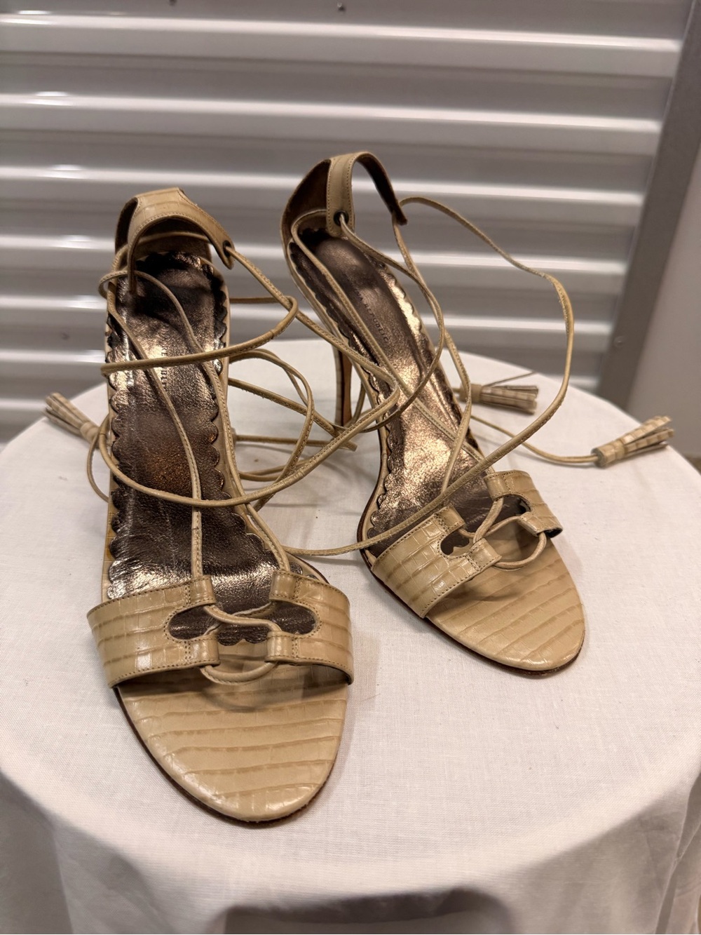 Banana Republic Beige Croc-Embossed Lace-Up Heeled Sandals